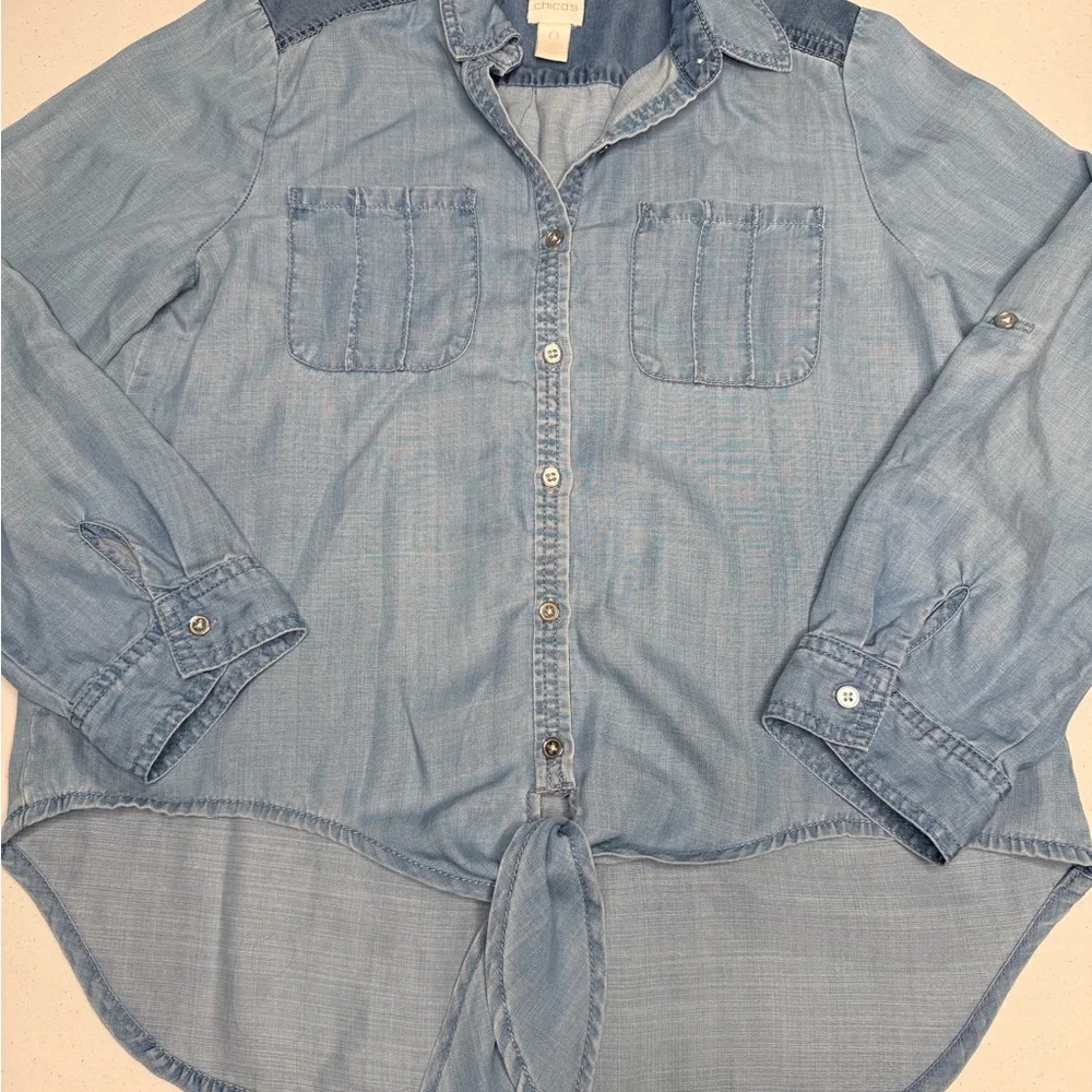Chico's Light Blue Tie-Front Denim Button-Down - Picture 11 of 12